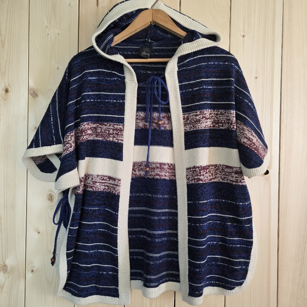 Stussy Hooded Cardigan Poncho Beaded Open Front Womens Large